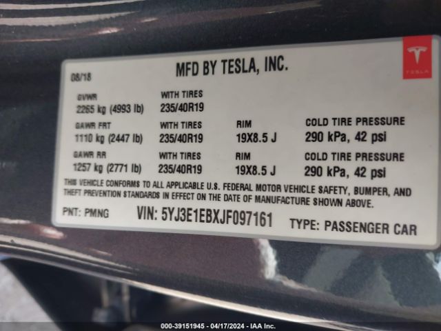 5YJ3E1EBXJF097161 Tesla Model 3 Long Range/performance