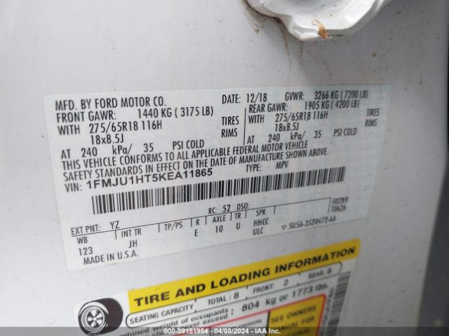 1FMJU1HT5KEA11865 Ford Expedition Xlt
