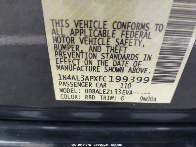Nissan Altima 2.5 S 2015 1N4AL3APXFC199399 Image 9
