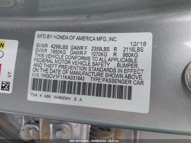 Honda ACCORD LX 2019 1HGCV1F11KA031843 Image 9