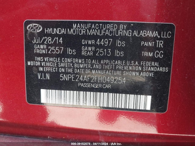 Hyundai SONATA SE 2015 5NPE24AF2FH049254 Image 9
