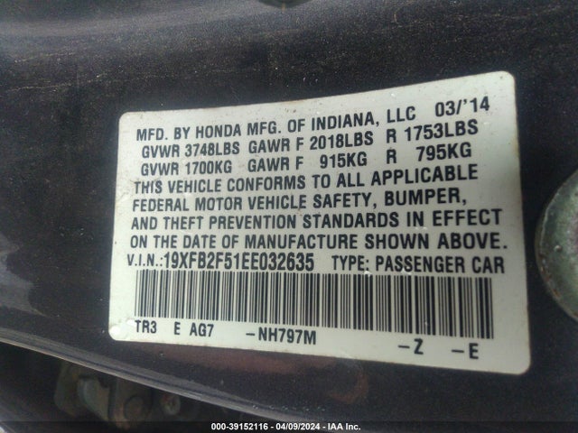 Honda Civic Lx 2014 19XFB2F51EE032635 Image 9