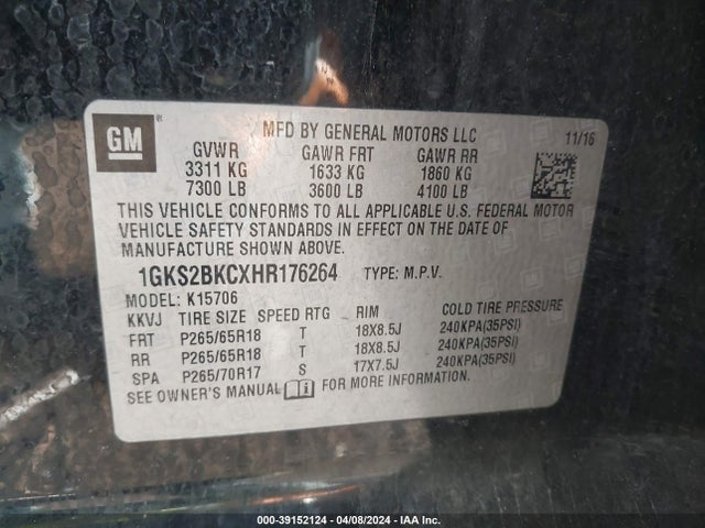 GMC YUKON SLT 2017 1GKS2BKCXHR176264 Image 9