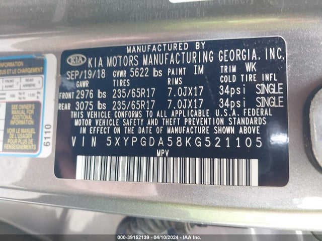 KIA Sorento 3.3l Lx 2019 5XYPGDA58KG521105 Image 9