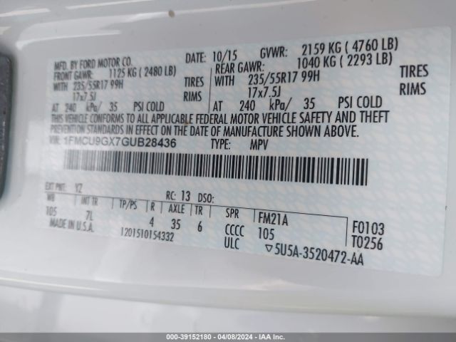 1FMCU9GX7GUB28436 Ford ESCAPE SE