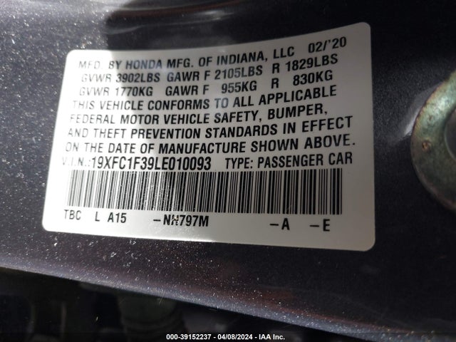 Honda CIVIC EX 2020 19XFC1F39LE010093 Image 9