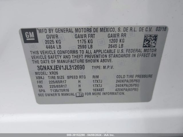 3GNAXJEV1JL312690 Chevrolet EQUINOX LT