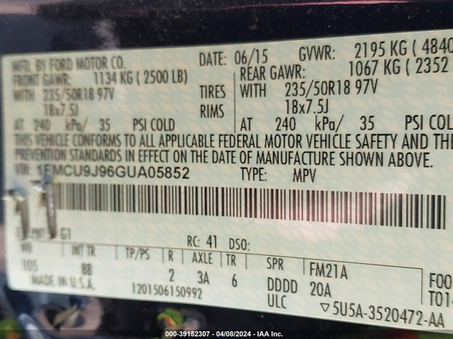 Ford Escape Titanium 2016 1FMCU9J96GUA05852 Image 9