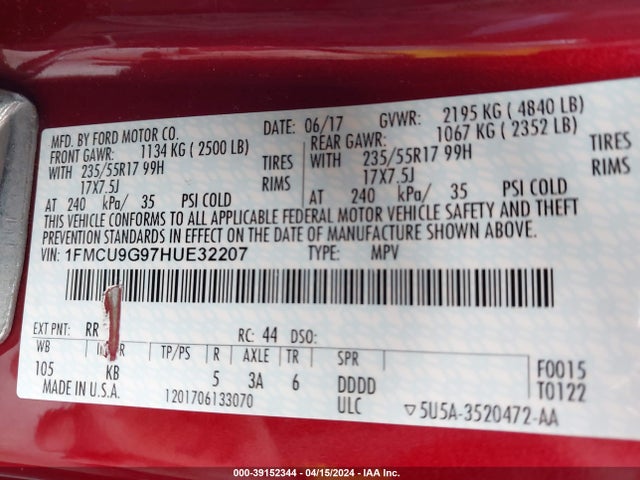 Ford ESCAPE SE 2017 1FMCU9G97HUE32207 Image 9