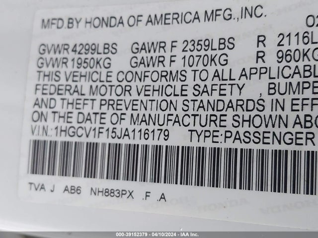 Honda ACCORD LX 2018 1HGCV1F15JA116179 Image 9