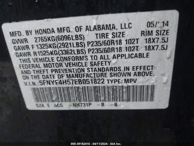 Honda Pilot Ex-l 2014 5FNYF4H57EB051822 Image 9