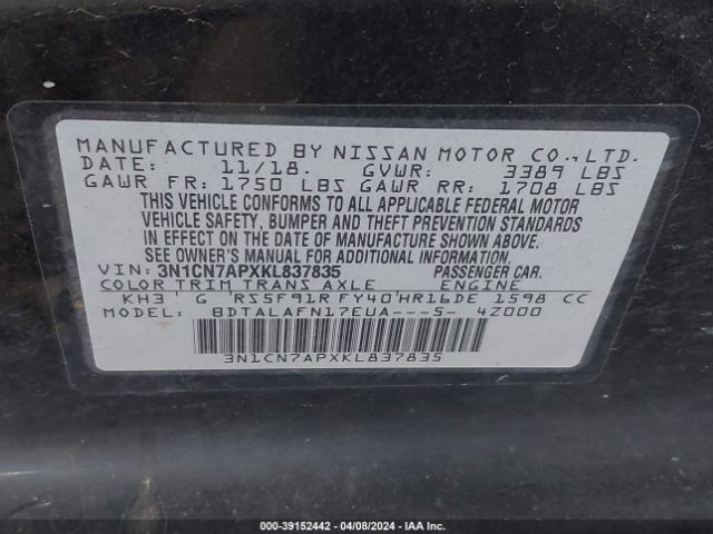 3N1CN7APXKL837835 Nissan Versa 1.6 S