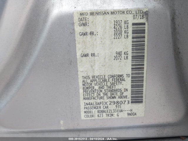 Nissan Altima 2.5 S 2018 1N4AL3AP3JC298073 Image 9