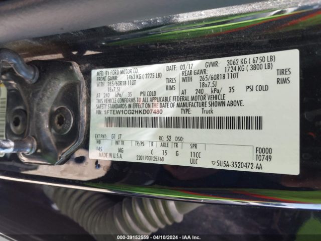 1FTEW1CG2HKD07480 Ford F-150 Xlt