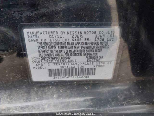 3N1CN7AP9GL862782 Nissan Versa 1.6 S