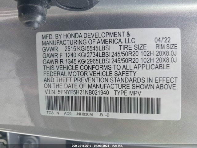 Honda Pilot 2wd Special Edition 2022 5FNYF5H21NB021940 Image 9