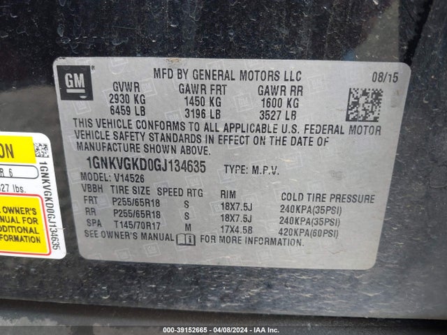 Chevrolet Traverse 1lt 2016 1GNKVGKD0GJ134635 Image 9