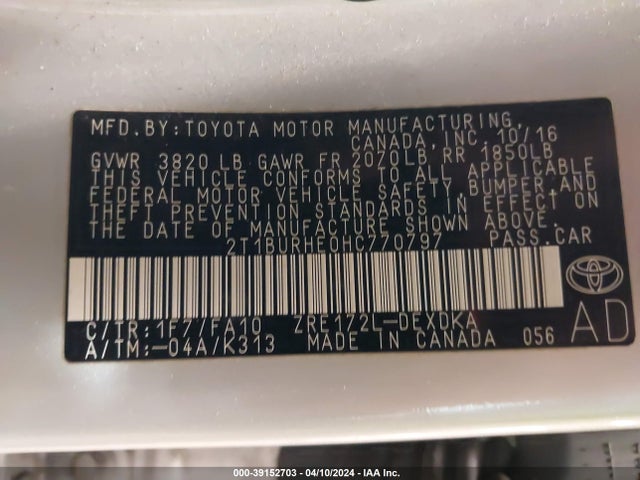 Toyota COROLLA L 2017 2T1BURHE0HC770797 Image 9