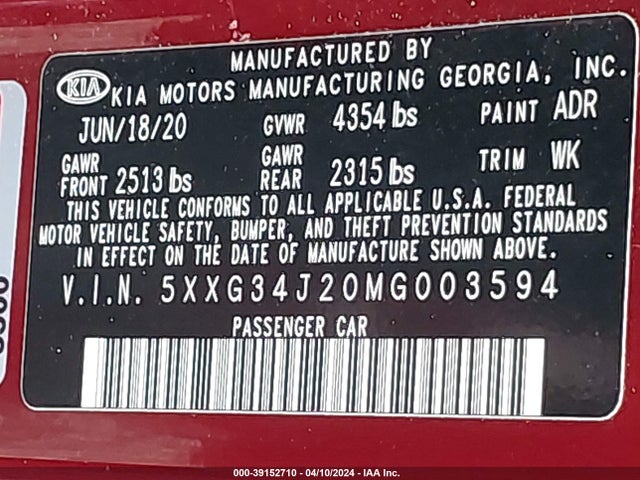 KIA K5 EX 2021 5XXG34J20MG003594 Image 9