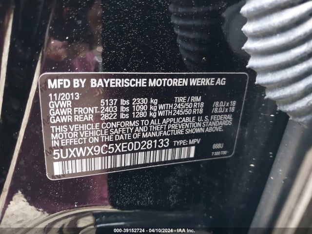 BMW X3 Xdrive28i 2014 5UXWX9C5XE0D28133 Image 9