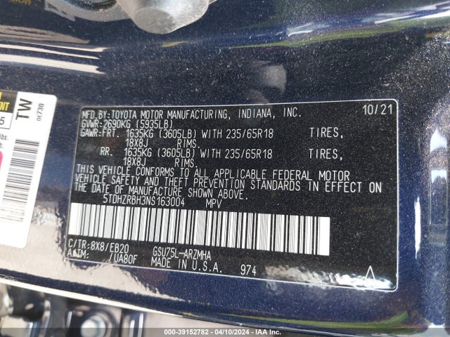 Toyota Highlander Xle 2022 5TDHZRBH3NS163004 Image 9