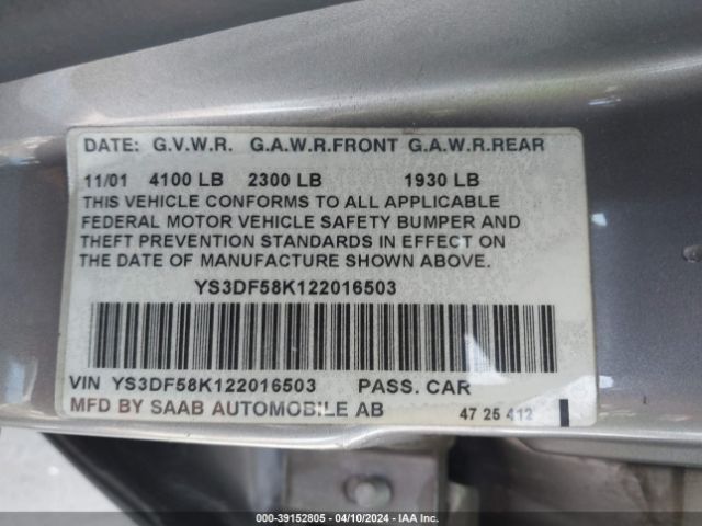 2002 SAAB 9-3 YS3DF58K122016503 Photo 8