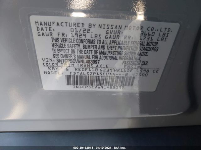 3N1CP5CV6NL483097 Nissan Kicks Sv Xtronic Cvt