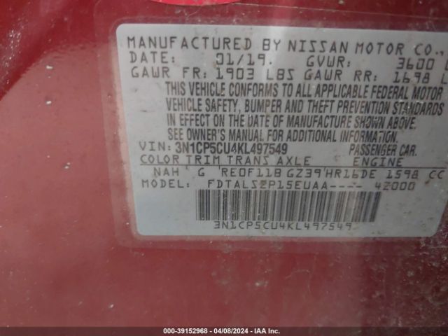 3N1CP5CU4KL497549 Nissan KICKS SV