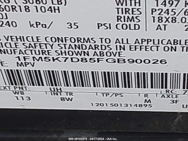 Ford EXPLORER XLT 2015 1FM5K7D85FGB90026 Image 9