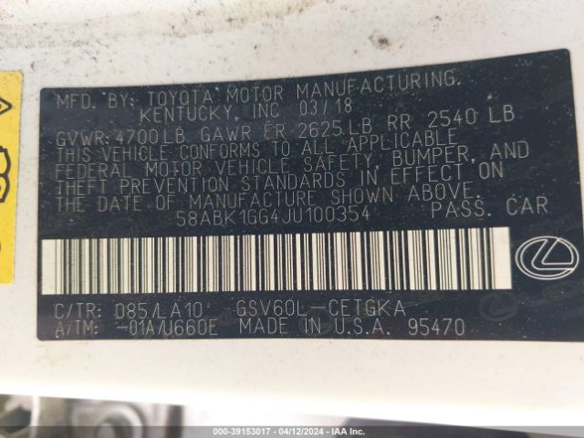 58ABK1GG4JU100354 Lexus ES 350