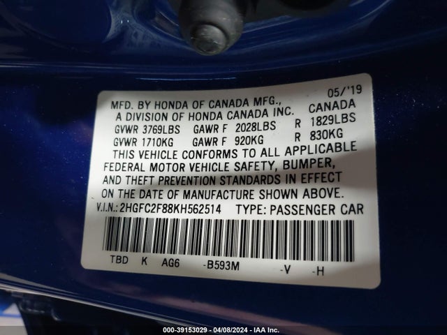 Honda Civic Sport 2019 2HGFC2F88KH562514 Image 9