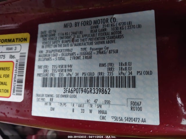 Ford FUSION SE 2016 3FA6P0T94GR339862 Image 9