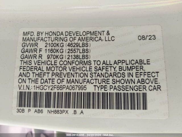 1HGCY2F66PA067995 Honda Accord Hybrid Ex-l