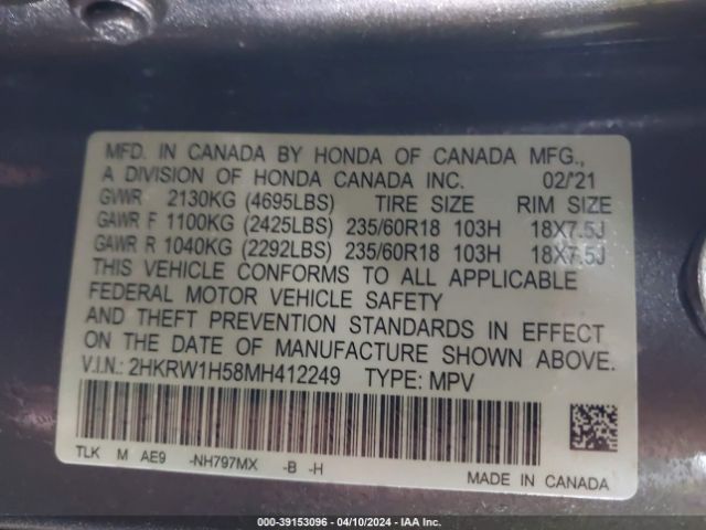 2HKRW1H58MH412249 Honda Cr-v 2wd Ex