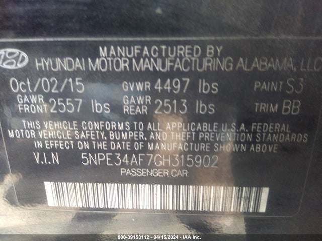 Hyundai Sonata Limited 2016 5NPE34AF7GH315902 Image 9