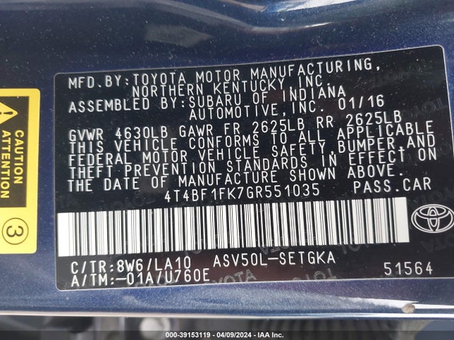 Toyota CAMRY XLE 2016 4T4BF1FK7GR551035 Image 9