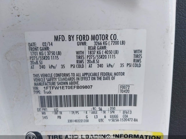 Ford F-150 Platinum 2014 1FTFW1ET0EFB09807 Image 9
