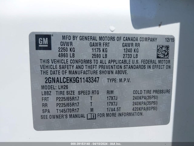 Chevrolet EQUINOX LT 2016 2GNALCEK9G1143347 Image 9