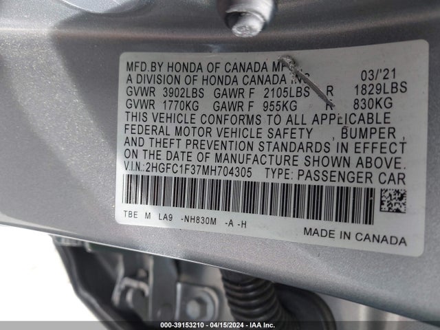 Honda CIVIC EX 2021 2HGFC1F37MH704305 Image 9