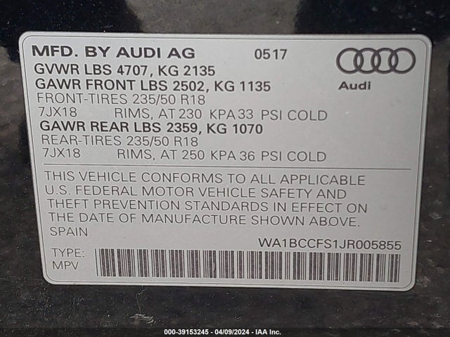 WA1BCCFS1JR005855 Audi Q3 2.0t Premium/2.0t Sport Premium