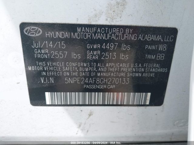 5NPE24AF8GH270133 Hyundai SONATA SE