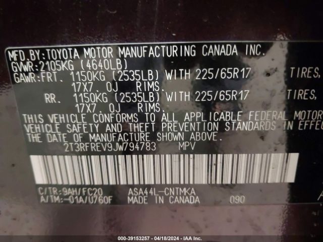 2T3RFREV9JW794783 Toyota Rav4 Xle