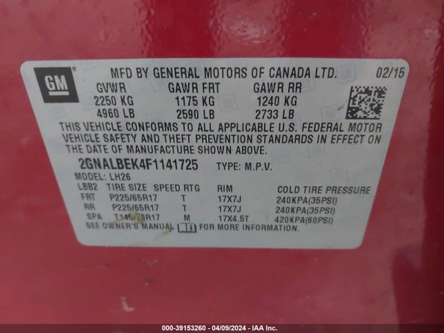 Chevrolet EQUINOX 1LT 2015 2GNALBEK4F1141725 Image 9