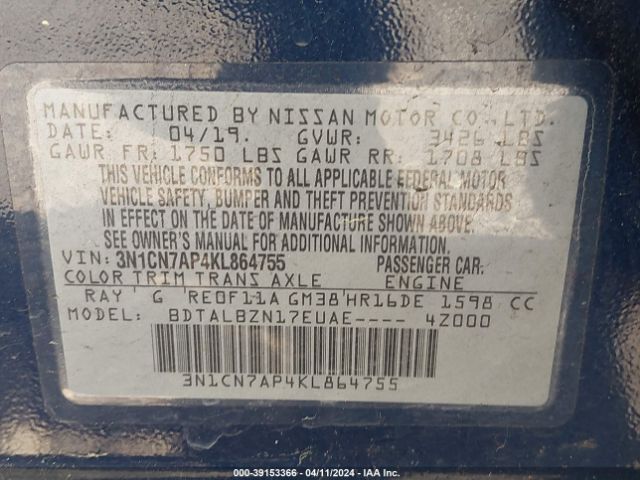 3N1CN7AP4KL864755 Nissan Versa 1.6 Sv