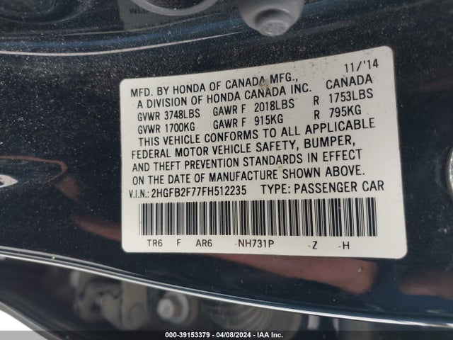 Honda CIVIC SE 2015 2HGFB2F77FH512235 Image 9