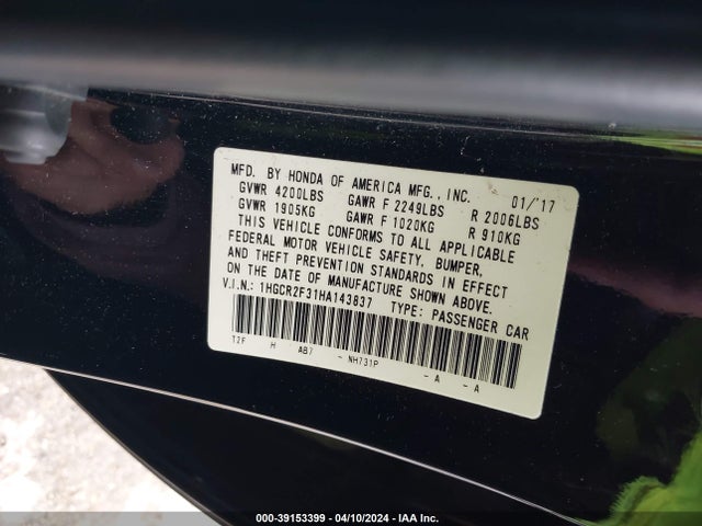 Honda ACCORD LX 2017 1HGCR2F31HA143837 Image 9