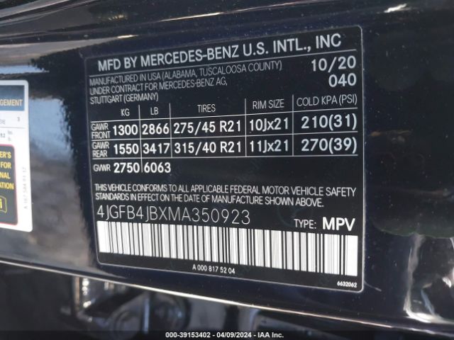 4JGFB4JBXMA350923 Mercedes-Benz GLE 350