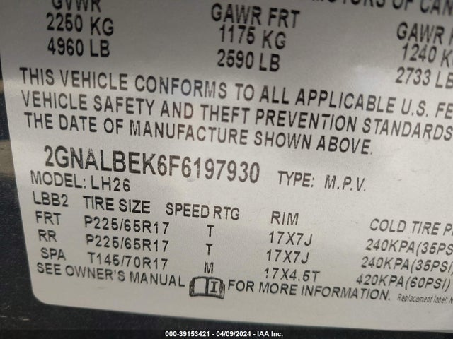 Chevrolet EQUINOX 1LT 2015 2GNALBEK6F6197930 Image 9
