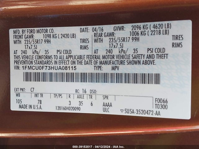 Ford ESCAPE S 2017 1FMCU0F73HUA08115 Image 9