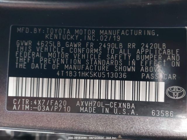 4T1B31HK5KU513036 Toyota Camry Hybrid Le